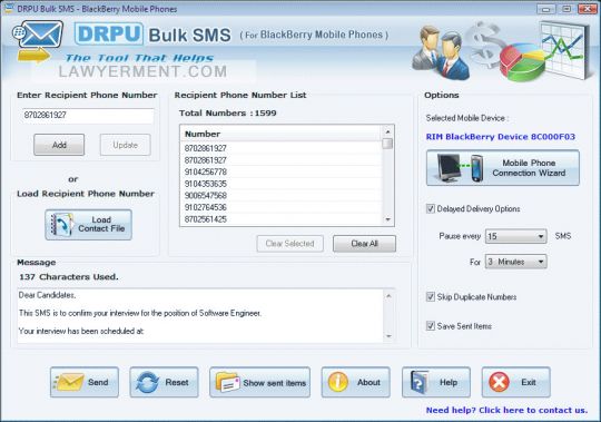 DRPU Bulk SMS - BlackBerry Mobile Phones Screenshot